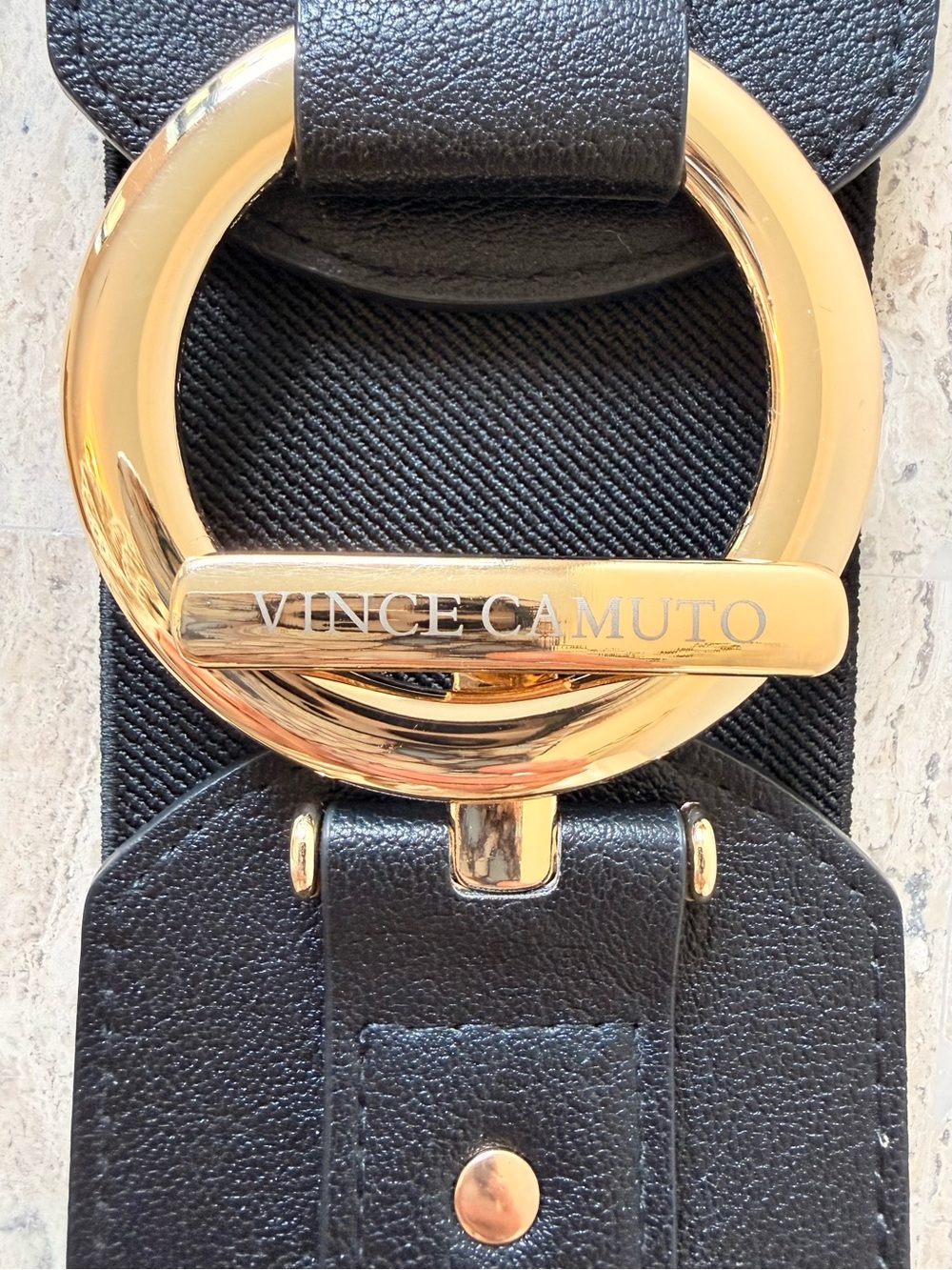 Vince Camuto Black Elastic Belt with Gold Ring Hardware - Picture 4 of 7